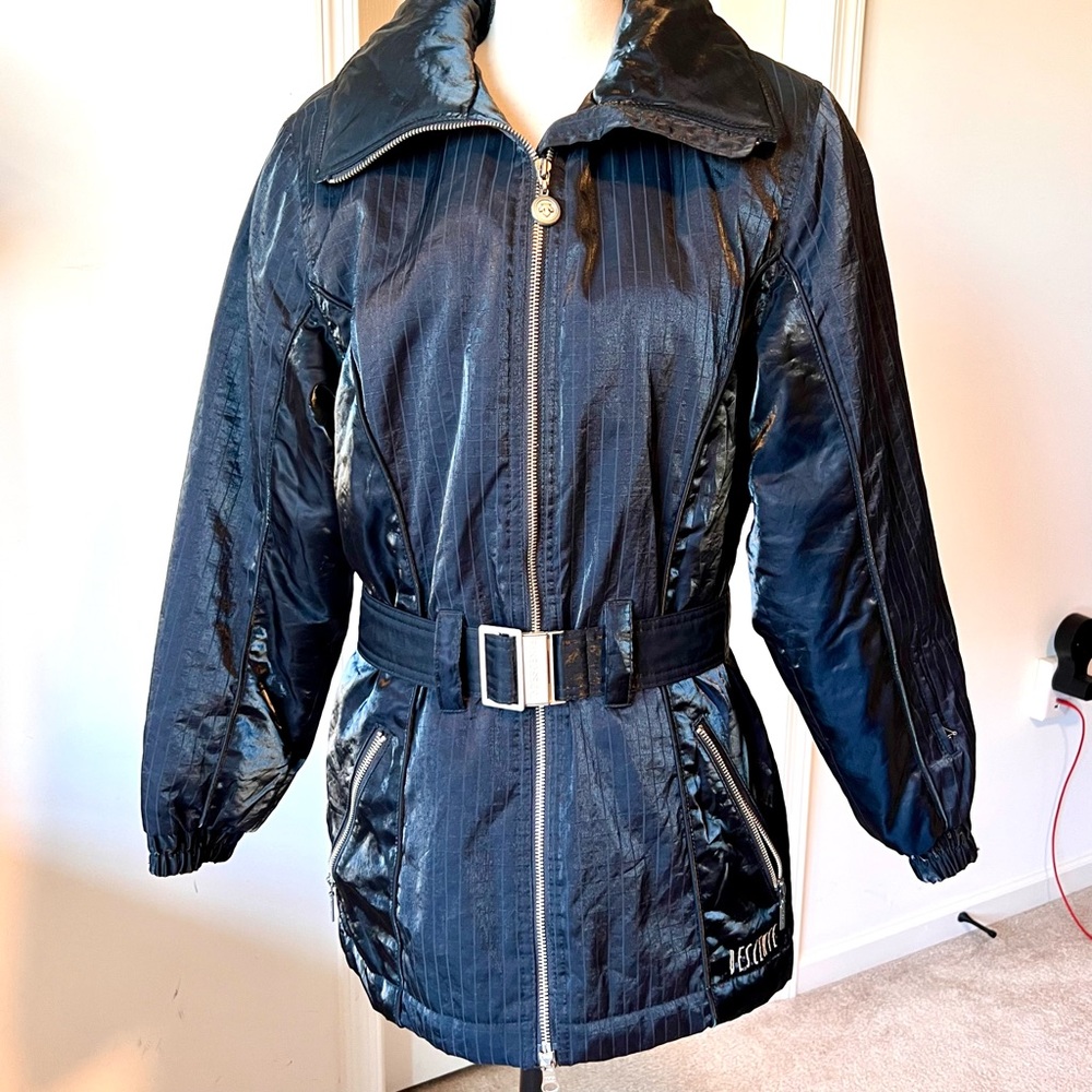 Vintage DESCENTE Black Shimmery Belted Winter Ski Jacket—SZ. 8